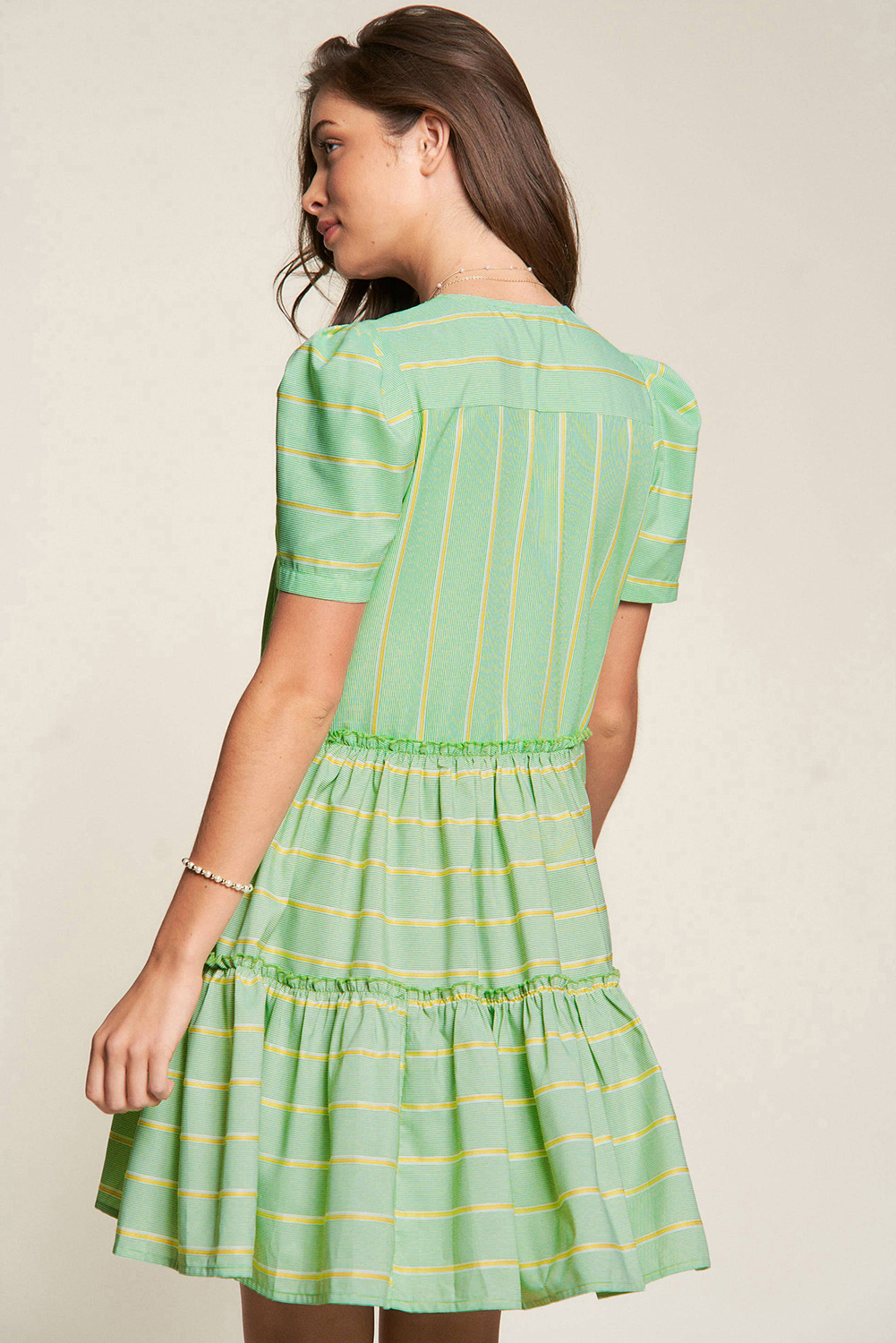 Green Stripe V Neck Short Sleeve Frilled Detail A-line Dress - Image 2