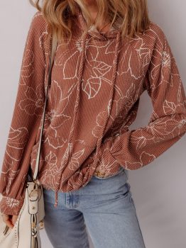 Brown Floral Twisted Rib Drawstring Kangaroo Pocket Hoodie
