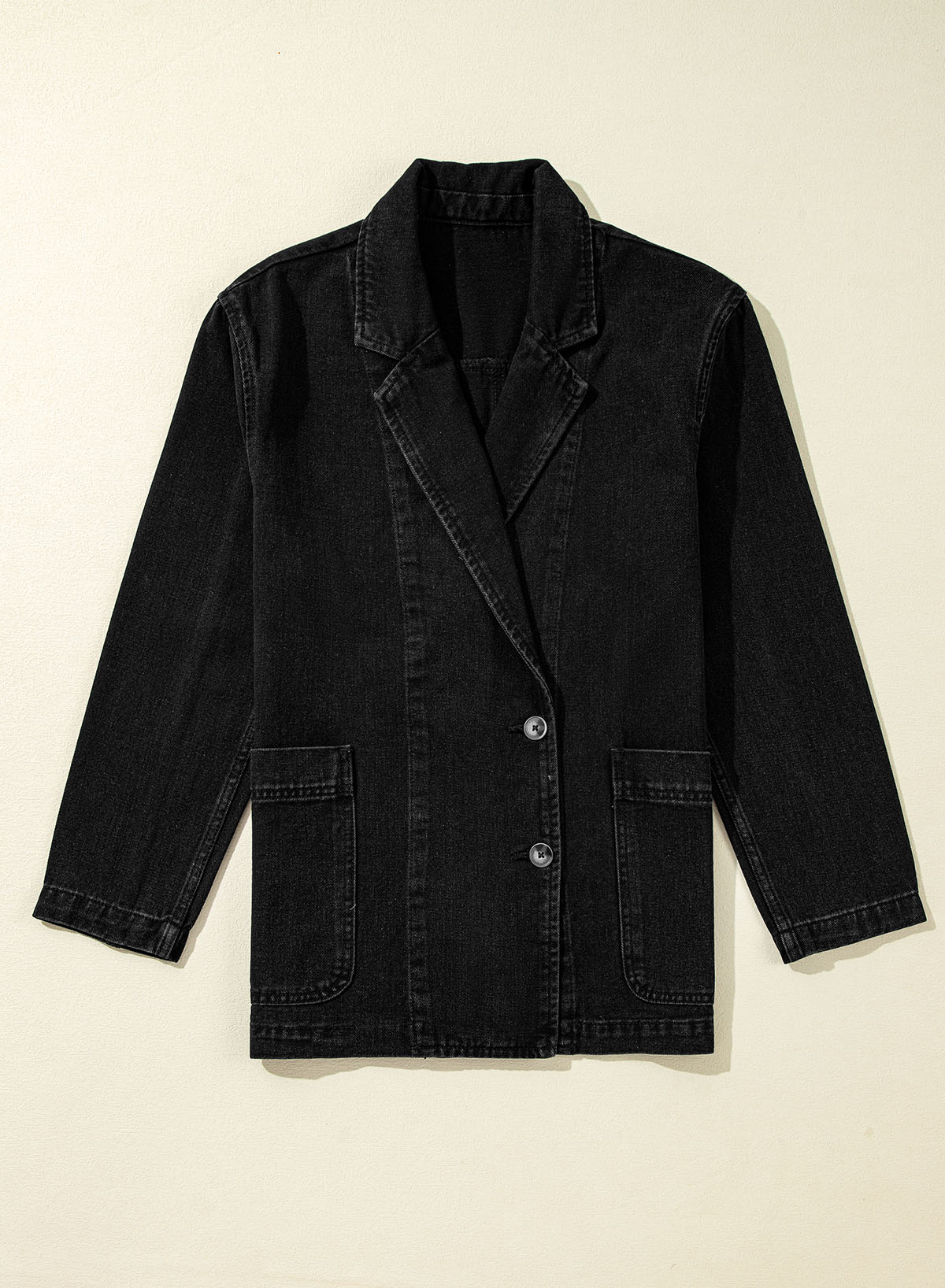 Black Side Pockets Lapel Collar Denim Jacket - Image 6