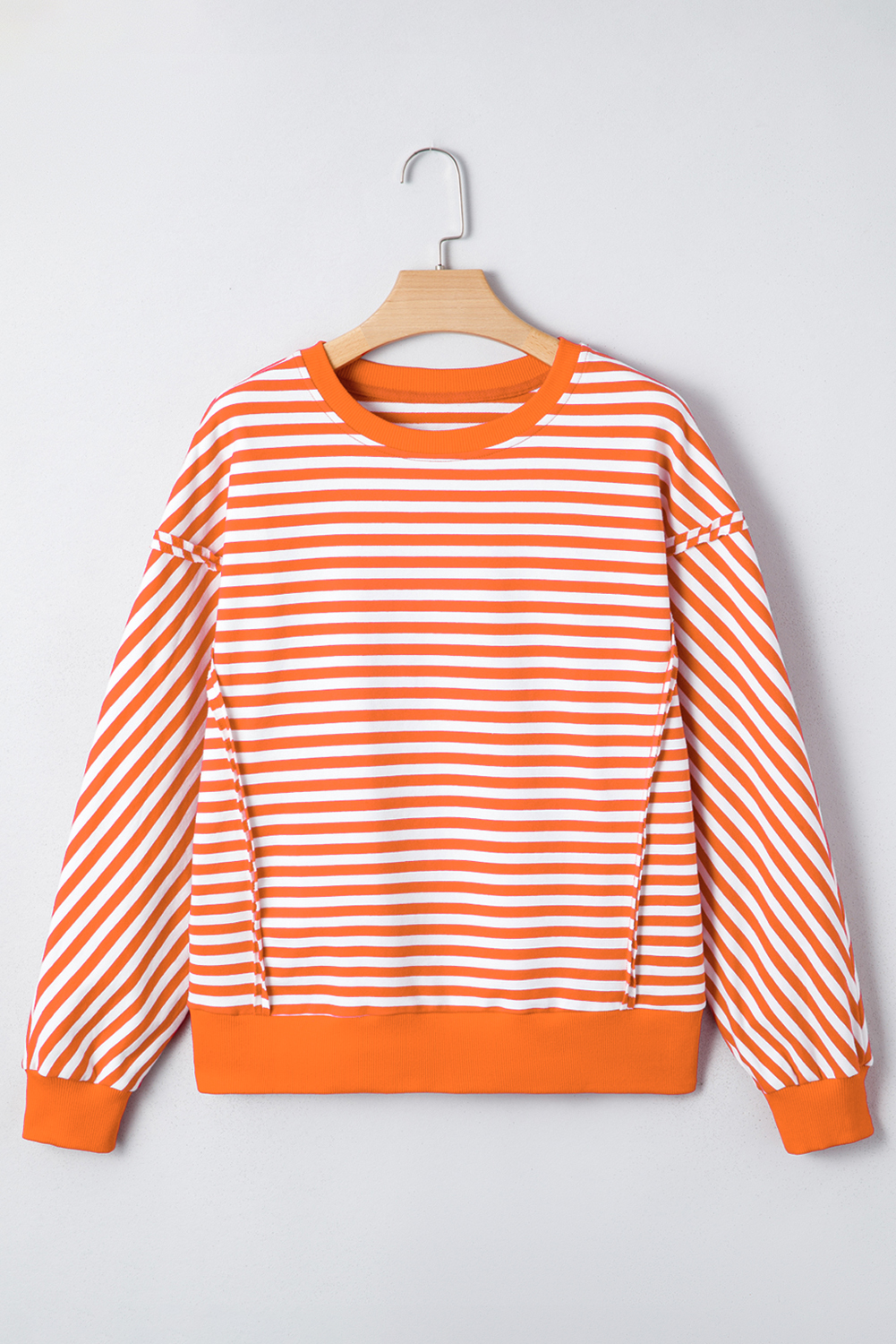 Orange Stripe Exposed Seam Drop Shoulder Casual Pullover Top - Image 7