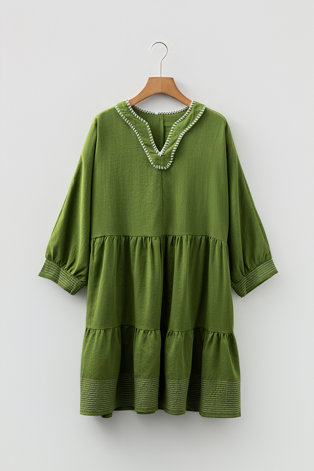 Jungle Green Contrast Stitched V Neck 3/4 Sleeve Tiered Mini Dress - Image 8