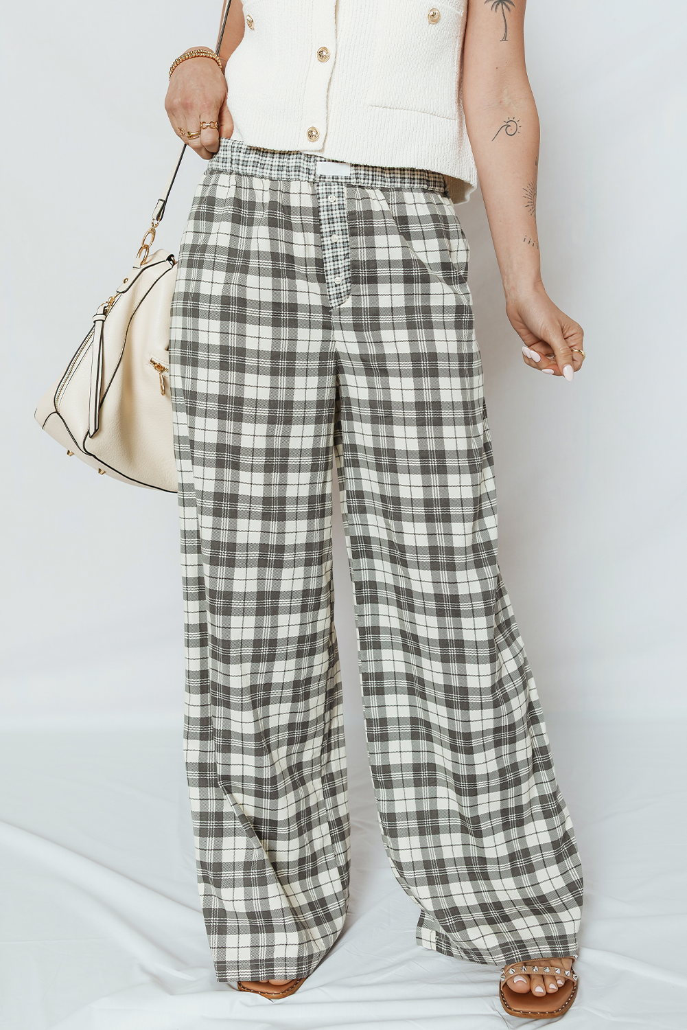 Gray Plaid Wide Leg Casual Pants - Image 5