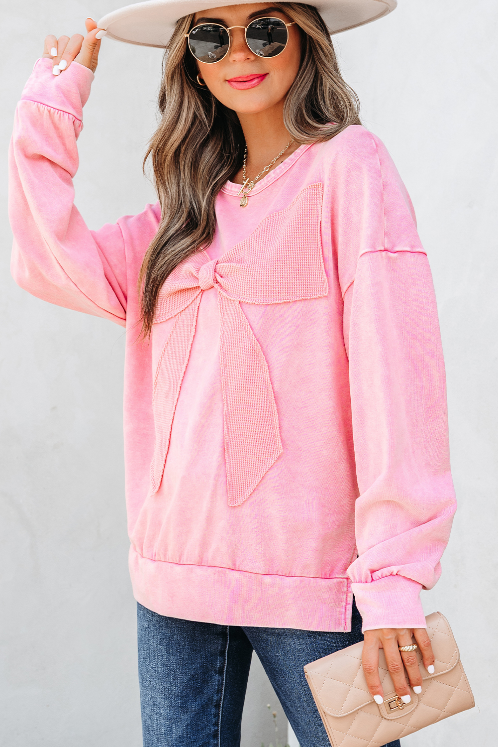 Bright Pink Mineral Wash Big Bow Patchwork Pullover Sweatshirt - Image 3
