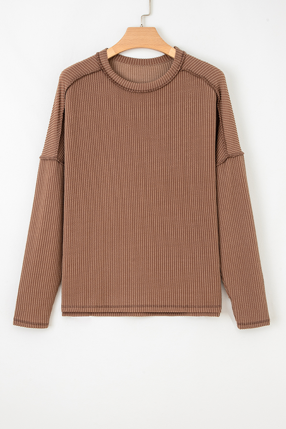 Dark Khaki Twist Ribbed Exposed Seam Detail Long Sleeve Loose Top - Image 4