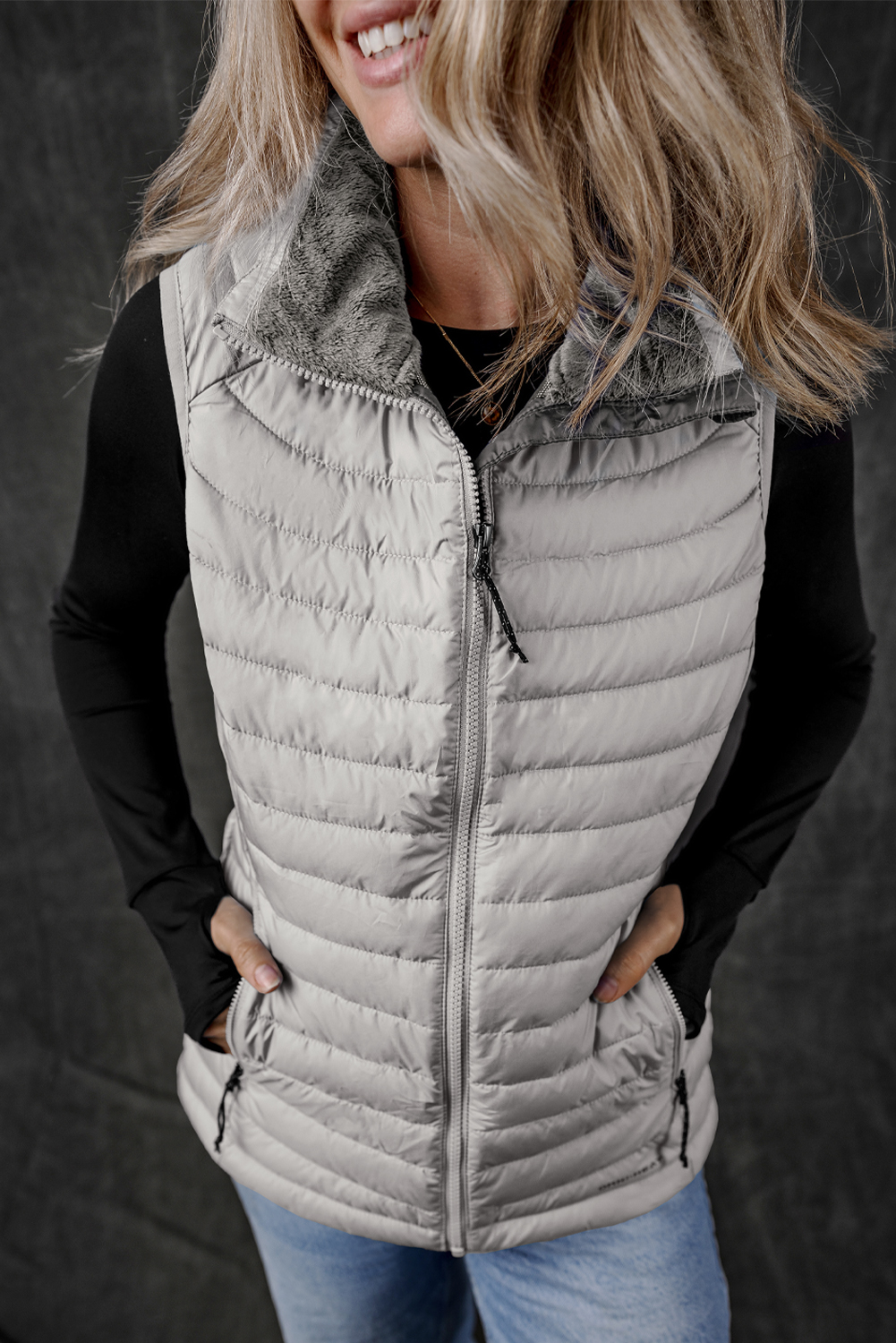 Silvery Plush Collared Quilted Zipped Puffer Vest - Image 3
