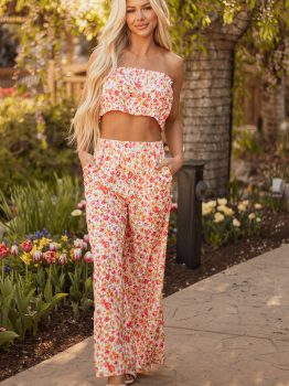 Pink Boho Floral Bandeau Top and High Waist Wide Leg Pants Set