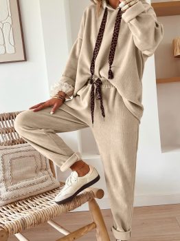 Parchment Leopard Drawstring Pullover Hoodie and High Waist Pants Corduroy Suit