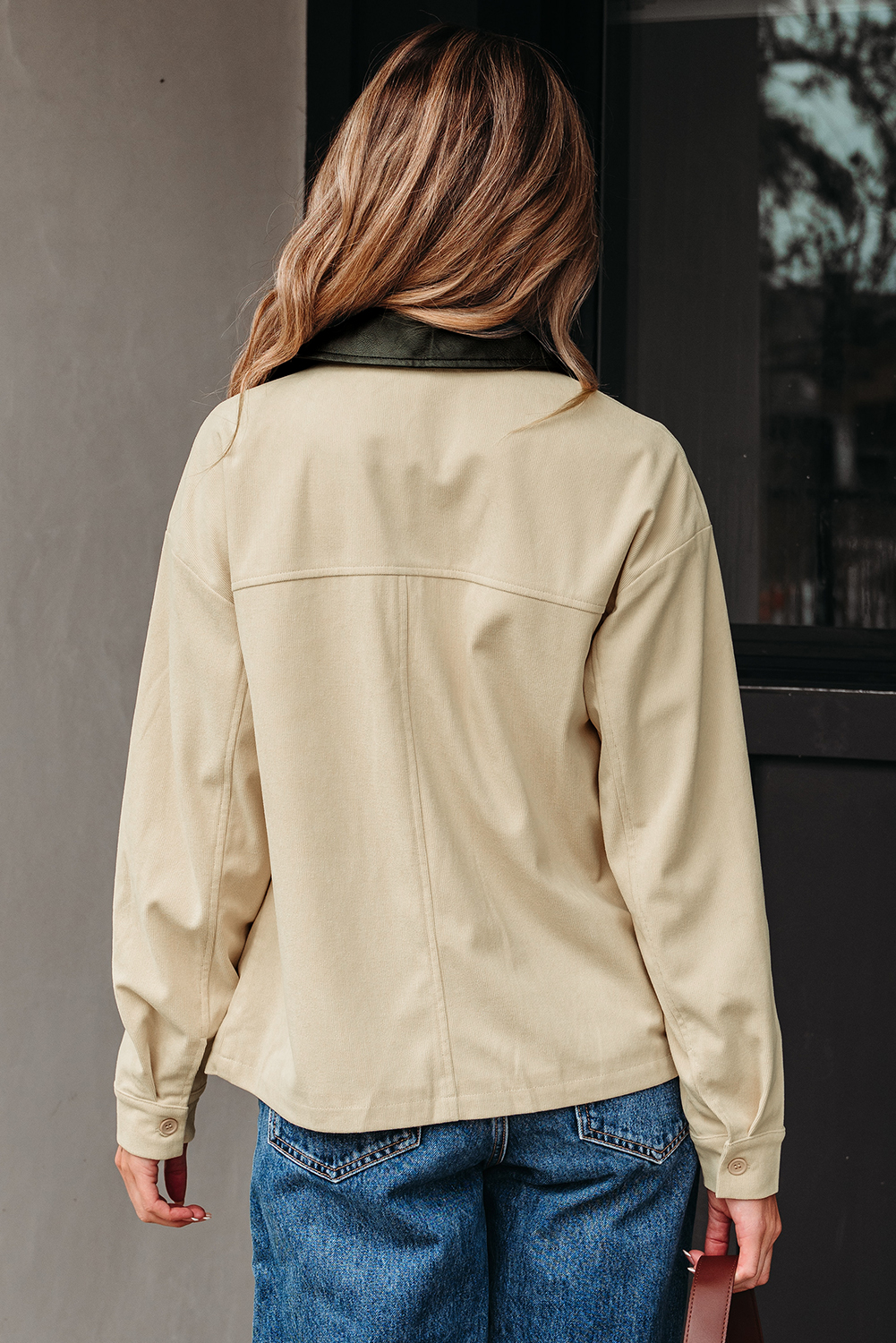 Parchment Contrast Leather Collar Textured Zip Up Jacket - Image 2