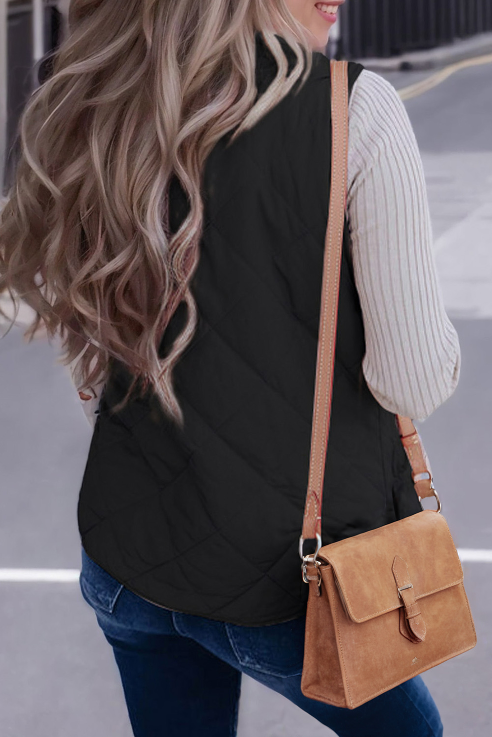 Black Fleece Lined Quilted Zip up Vest Coat - Image 2