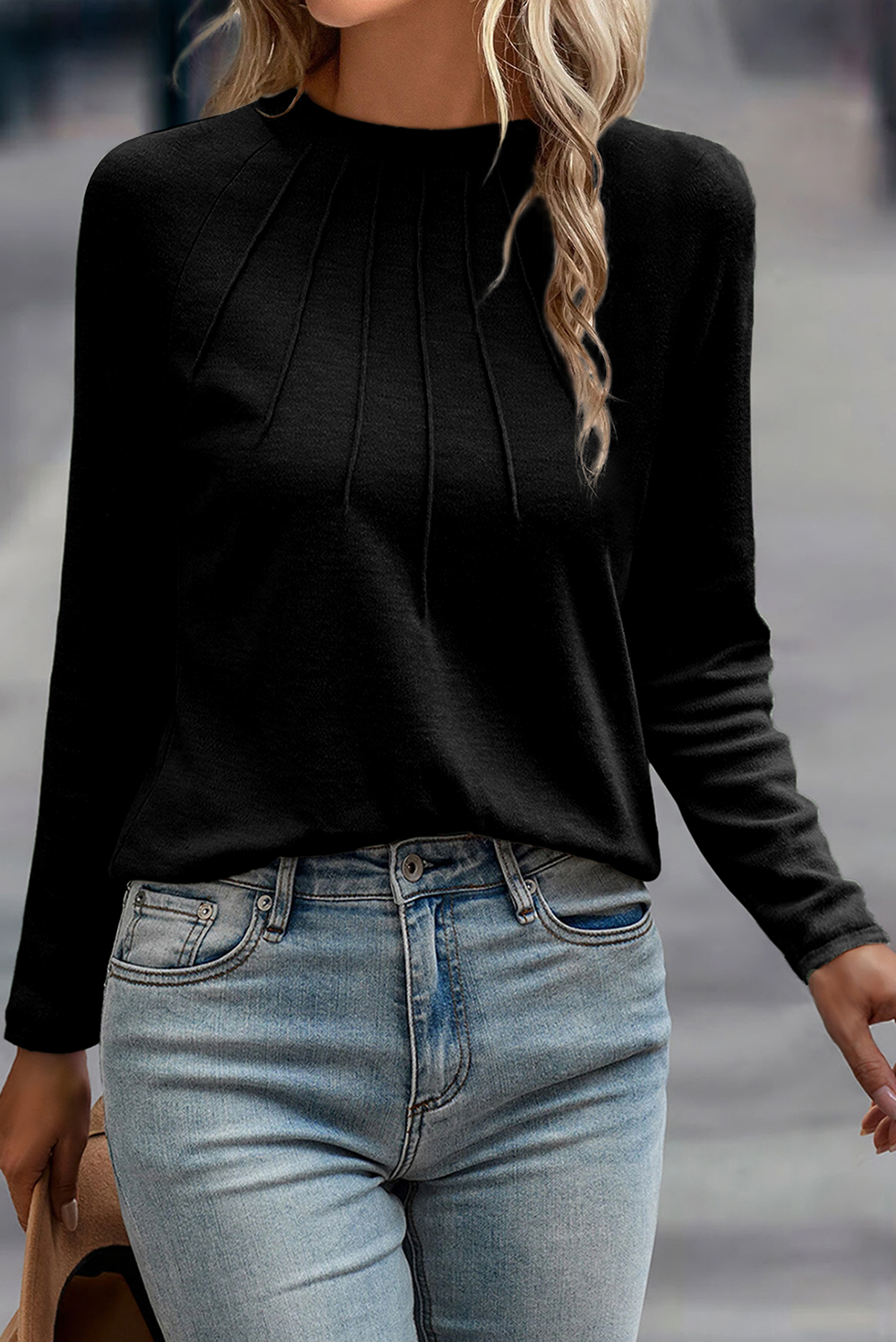 Black Solid Color Seam Detail Raglan Long Sleeve Top - Image 4