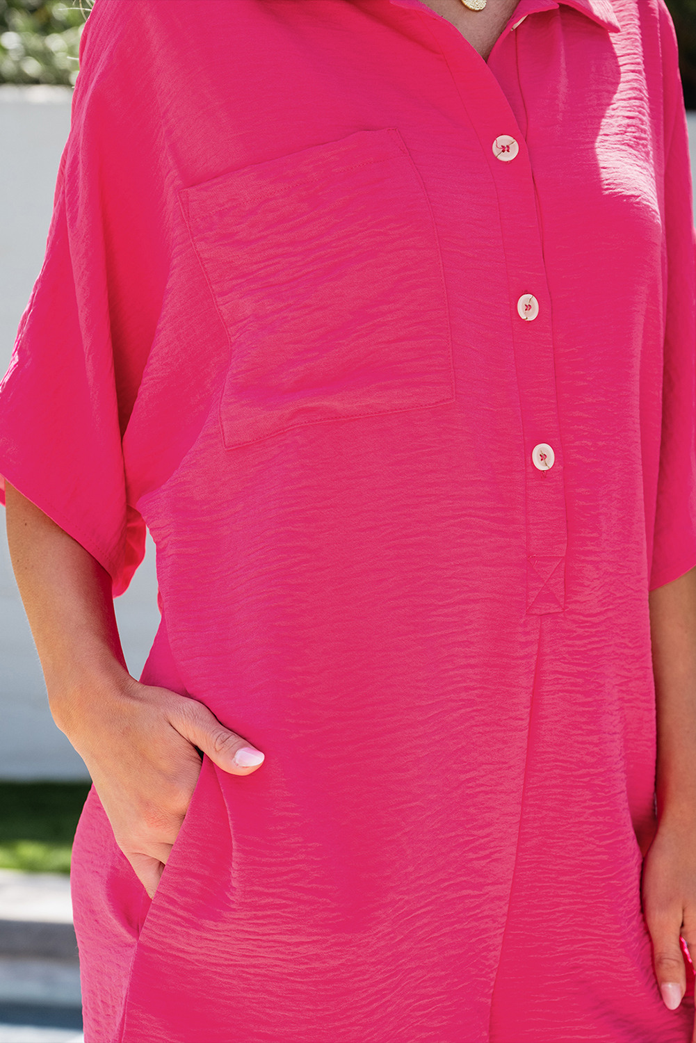 Bright Pink Half Button Collared Loose Romper - Image 6