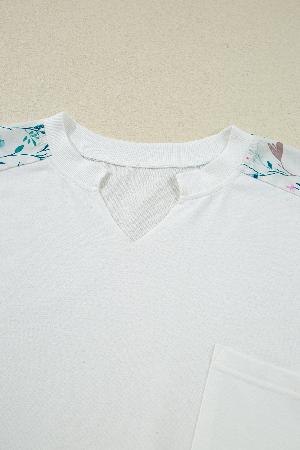 White Floral Colorblock Patchwork Chest Pocket Notched Neck Long Sleeve Top - Image 8