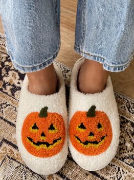 White Halloween Pumpkin Print Plush Slippers (Runs Small, Size Up)