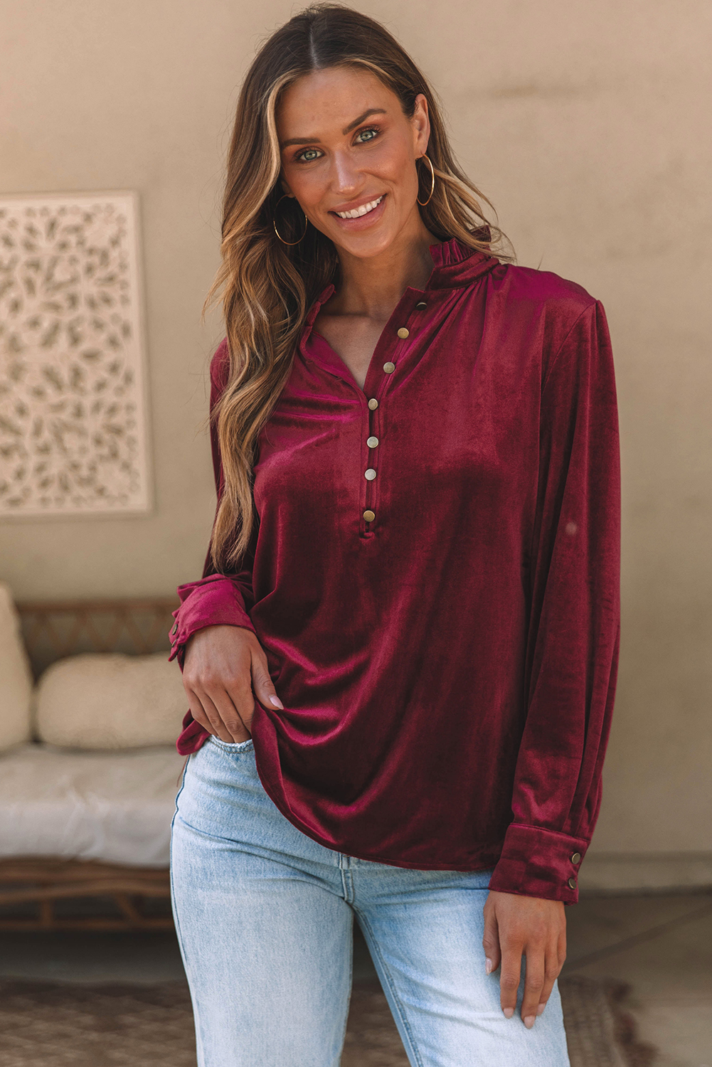 Burgundy Frilled Neck Buttoned Front Velvet Top - Image 8