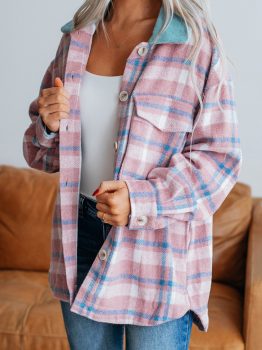 Pink Plaid Print Color Block Collared Flap Pockets Loose Shacket