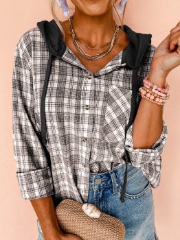 Black Checkered Print Loose Fit Buttoned Hooded Shacket