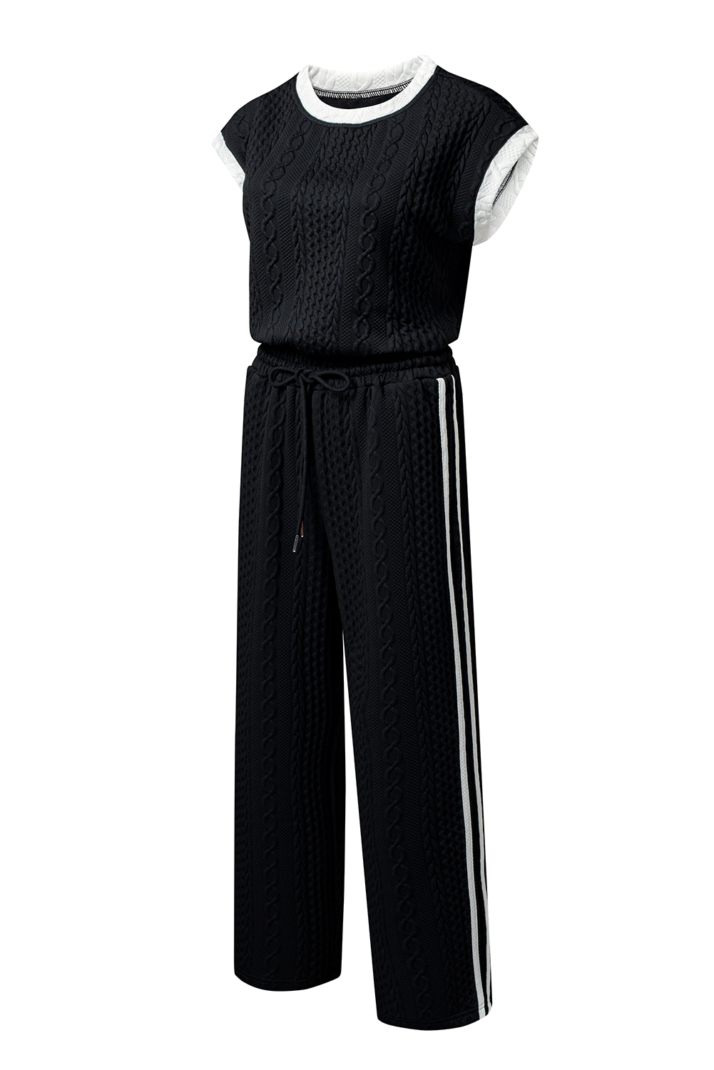 Black Cable Knit Contrast Trim Short Sleeve Top and Pants Set - Image 7