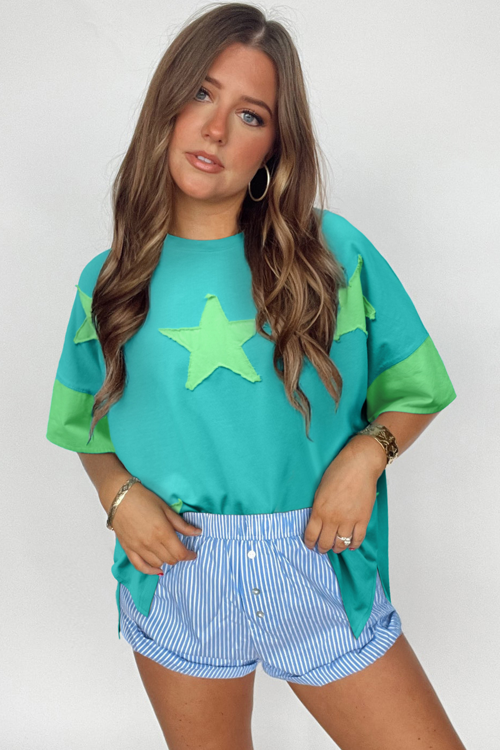 Aruba Blue Frayed Denim Star Patched Oversize T Shirt - Image 8