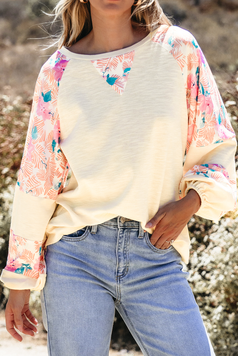 Apricot Textured Floral Patchwork Balloon Sleeve Blouse - Image 7