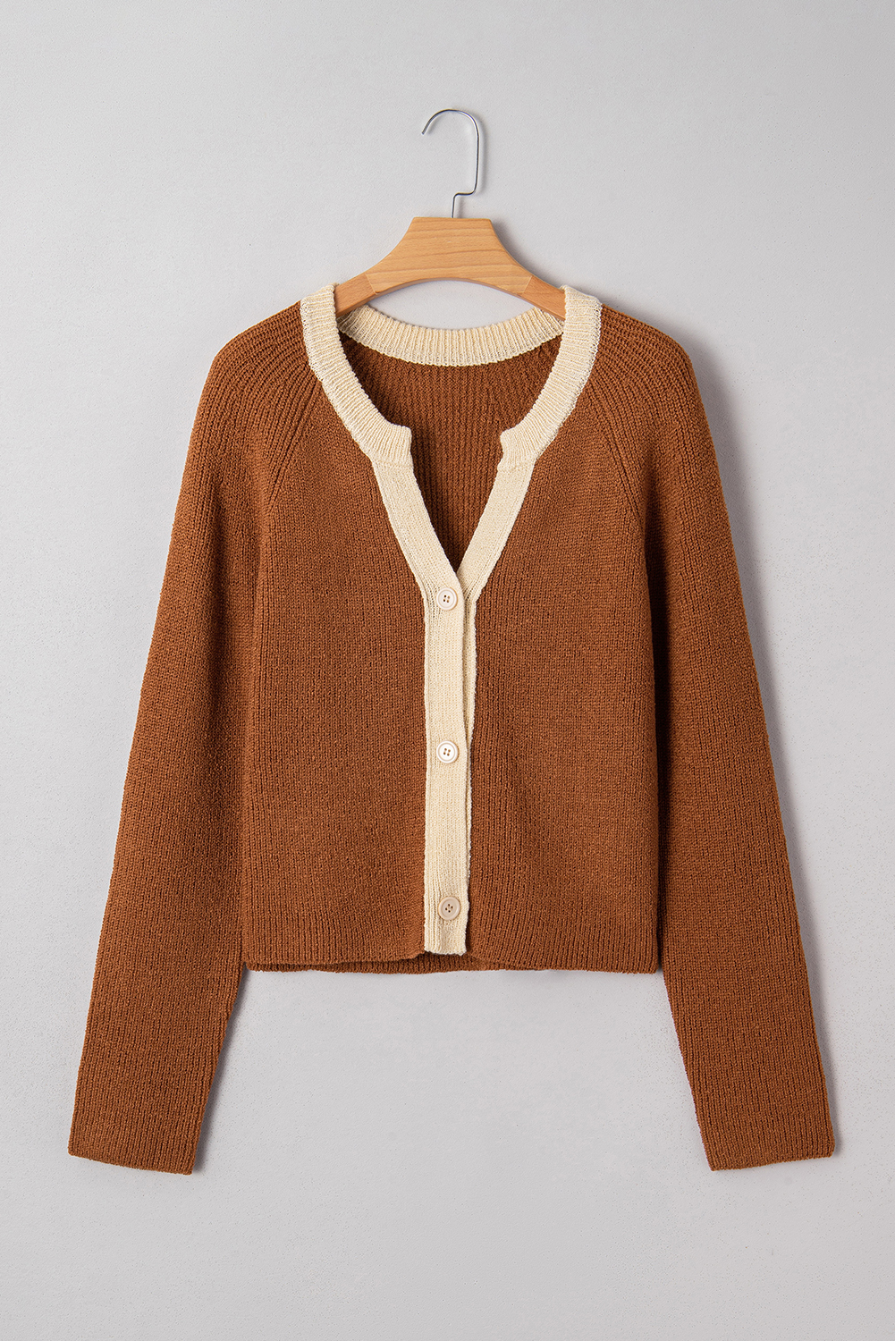 Chestnut Contrast Knit V Neckline Short Cardigan - Image 4