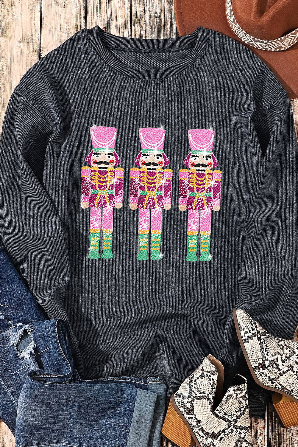 Black Christmas Sequined Nutcrackers Mineral Wash Corded Sweatshirt - Image 7