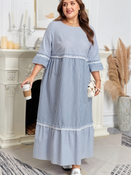 Sky Blue Stripe Crisscross Lace Detail Mixed Striped Patchwork Plus Size Shift Long Dress