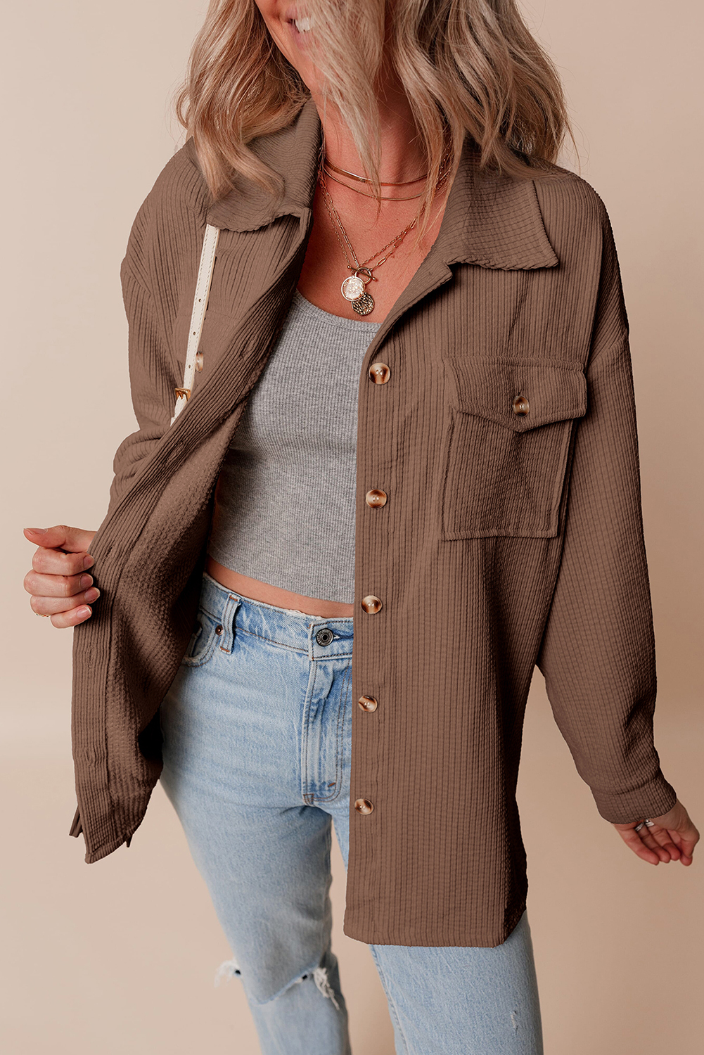 Chestnut Corduroy Flap Pocket Button Up Shacket - Image 3