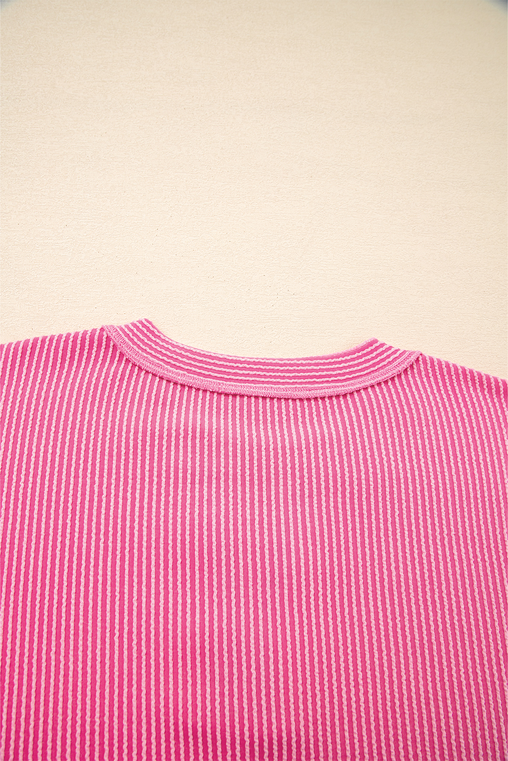 Rose Red Corded Texture Plaid Colorblock Patchwork Split Neck Long Sleeve Top - Image 6