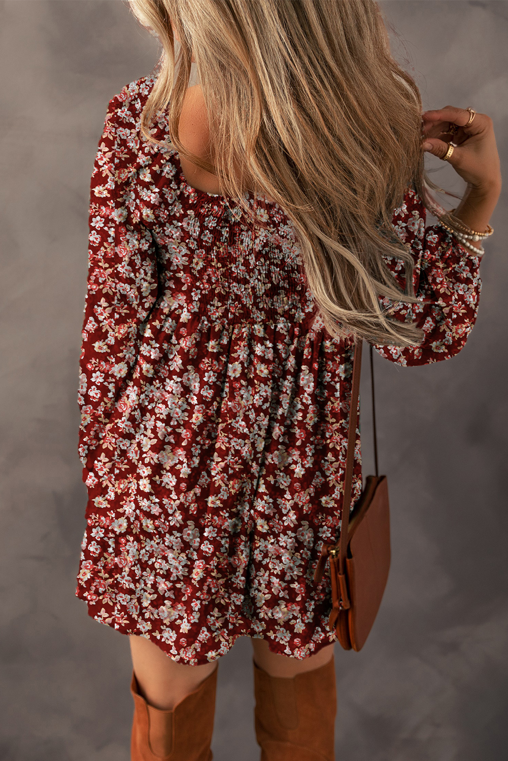 Red Floral Print Sweetheart Neck Shirred Back Mini Dress - Image 2