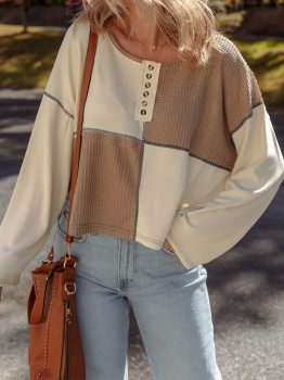 Beige Color Block Waffle Knit Stitch Detail Long Sleeve Top