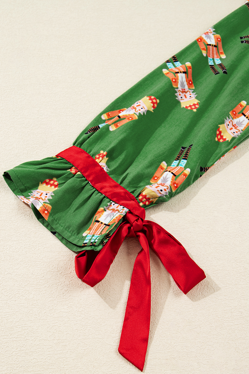 Green Christmas Candy Contrast Trim Bow Knot Silky 2pcs Pajama Set - Image 8