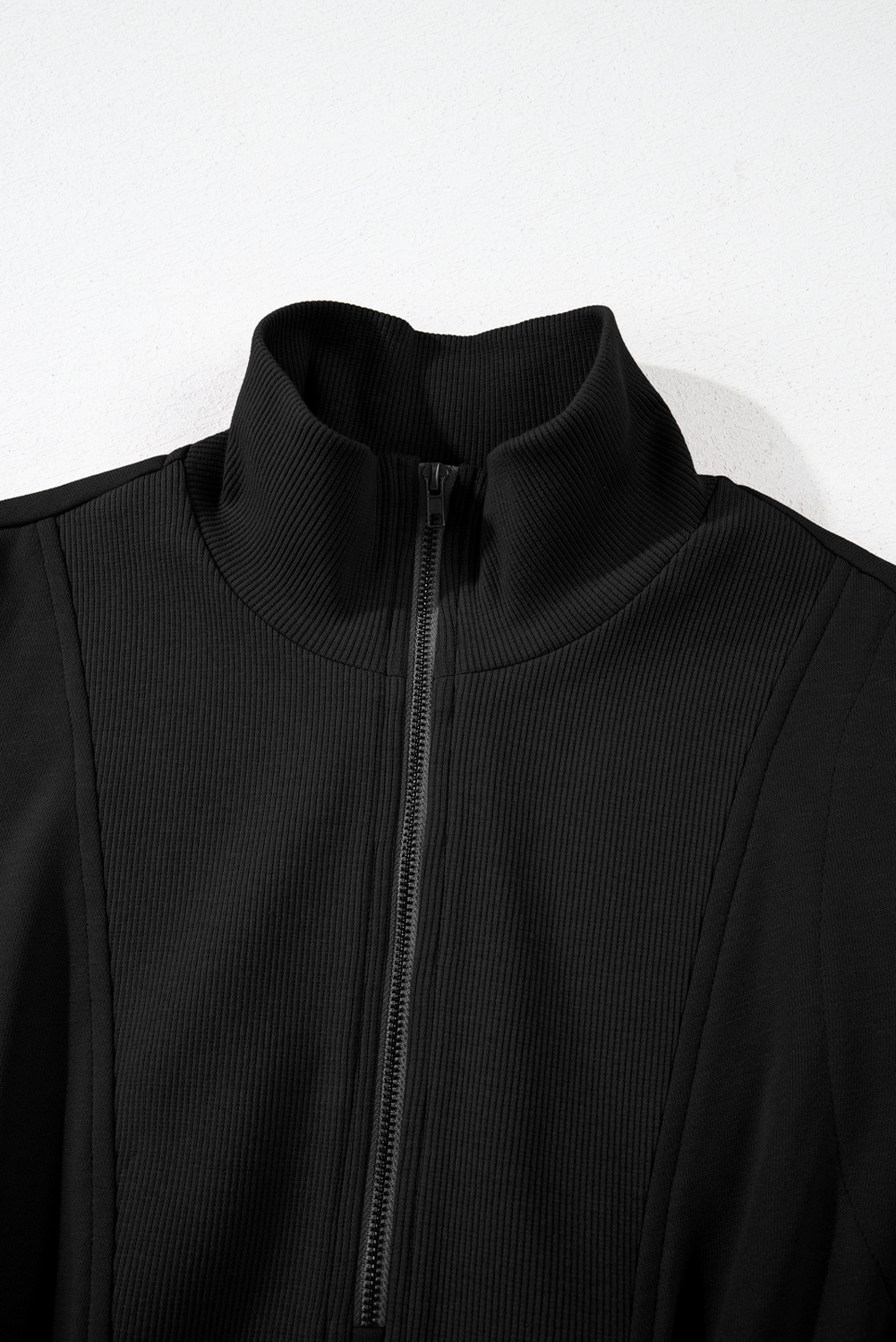 Black French Terry Zipped Collar Sleeveless Drawstring Waist Mini Dress - Image 7