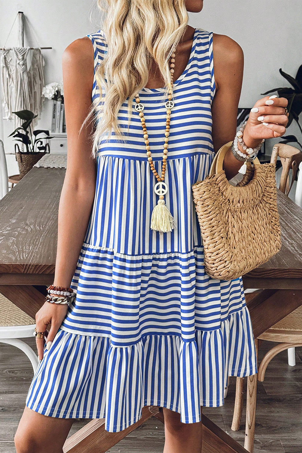 Sky Blue Stripe U Neck Sleeveless Loose Fit Mini Dress - Image 8