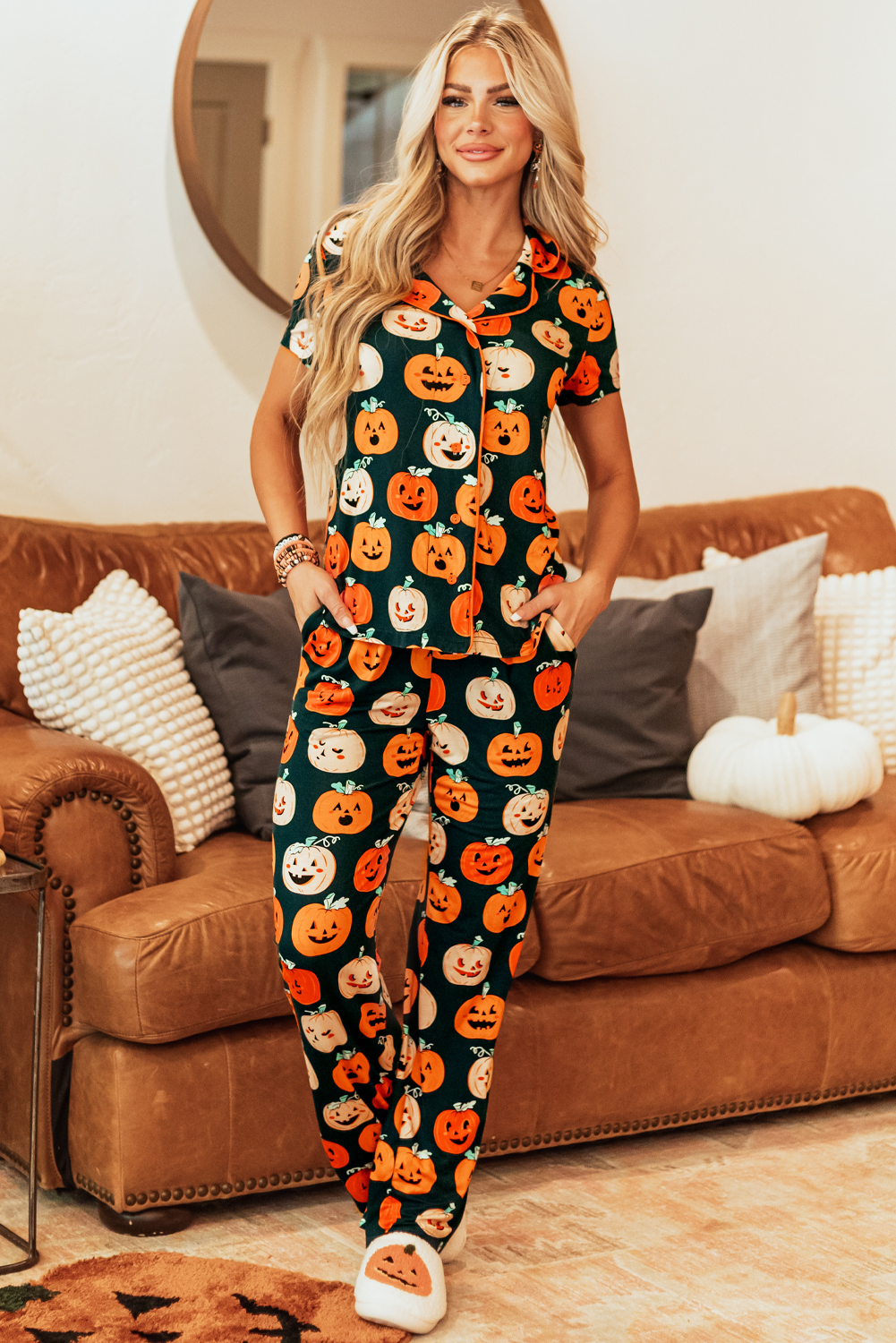 Orange Halloween Pattern Short Sleeve Shirt Pajama Set - Image 4