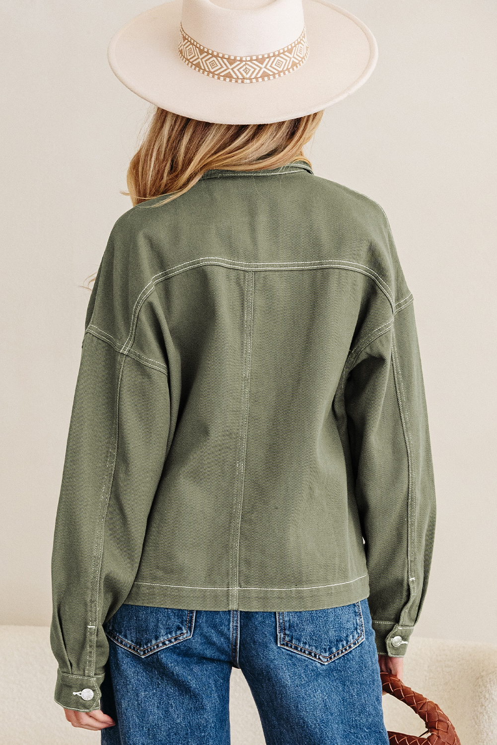 Smoke Green Patched Pocket Collared Button Front Boyfriend Denim Jacket - Image 6