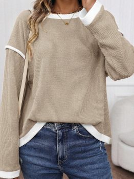 Beige Contrast Color Trim Knit Drop Shoulder Loose Top