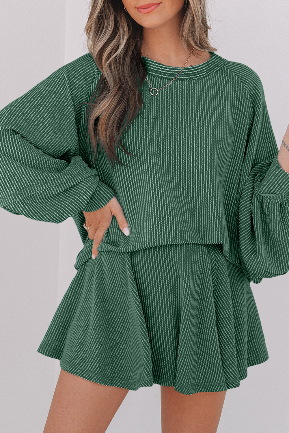 Mist Green Corded Lantern Sleeve Top High Waist Ruffled Mini Skirt Set - Image 5