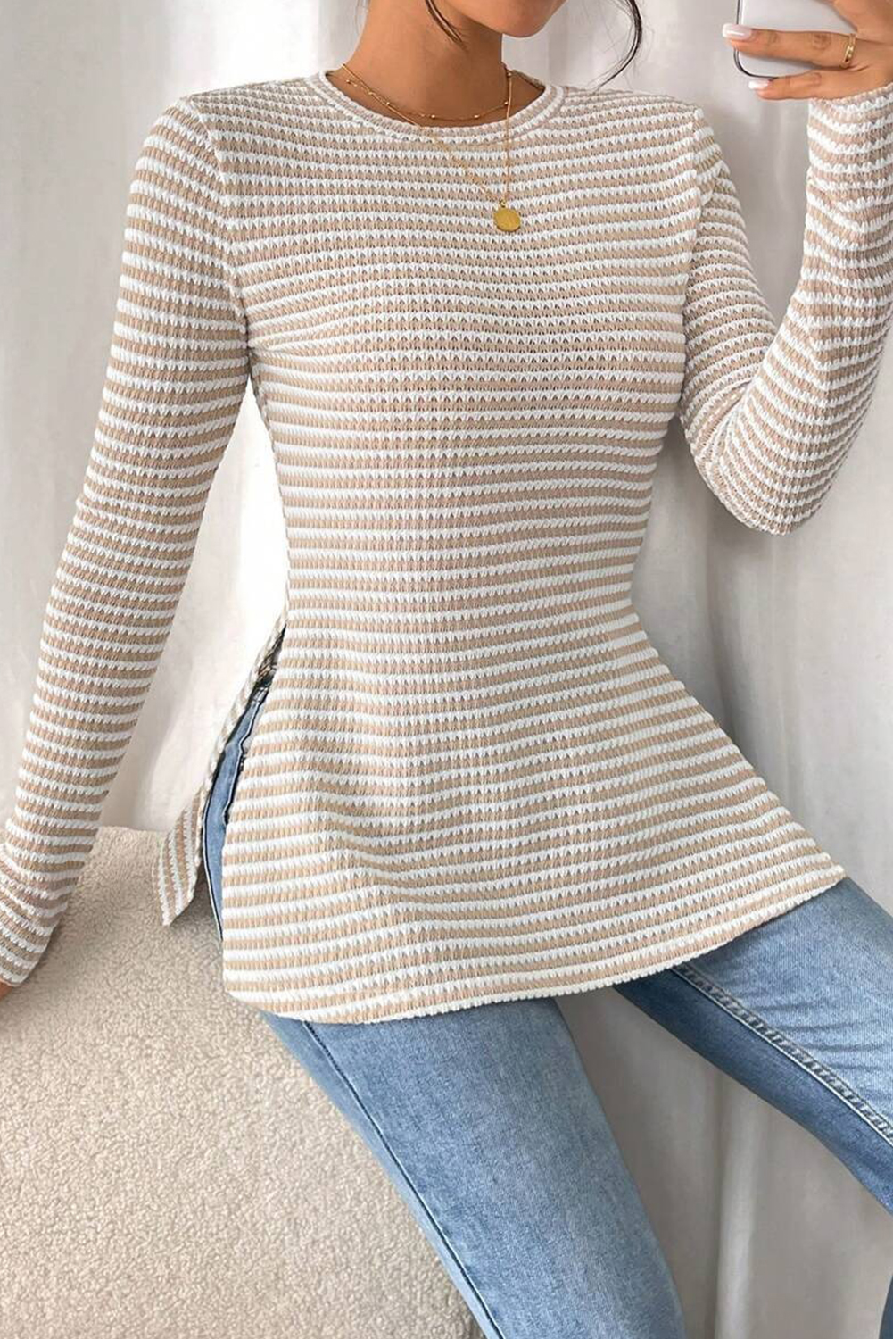 Jet Stream Striped Knit Side Slit Slim Round Neck Tunic Top - Image 5