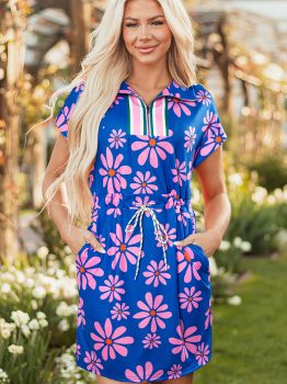 Purple Floral Striped Quarter Zip Cap Sleeve Drawstring Waist Mini Dress