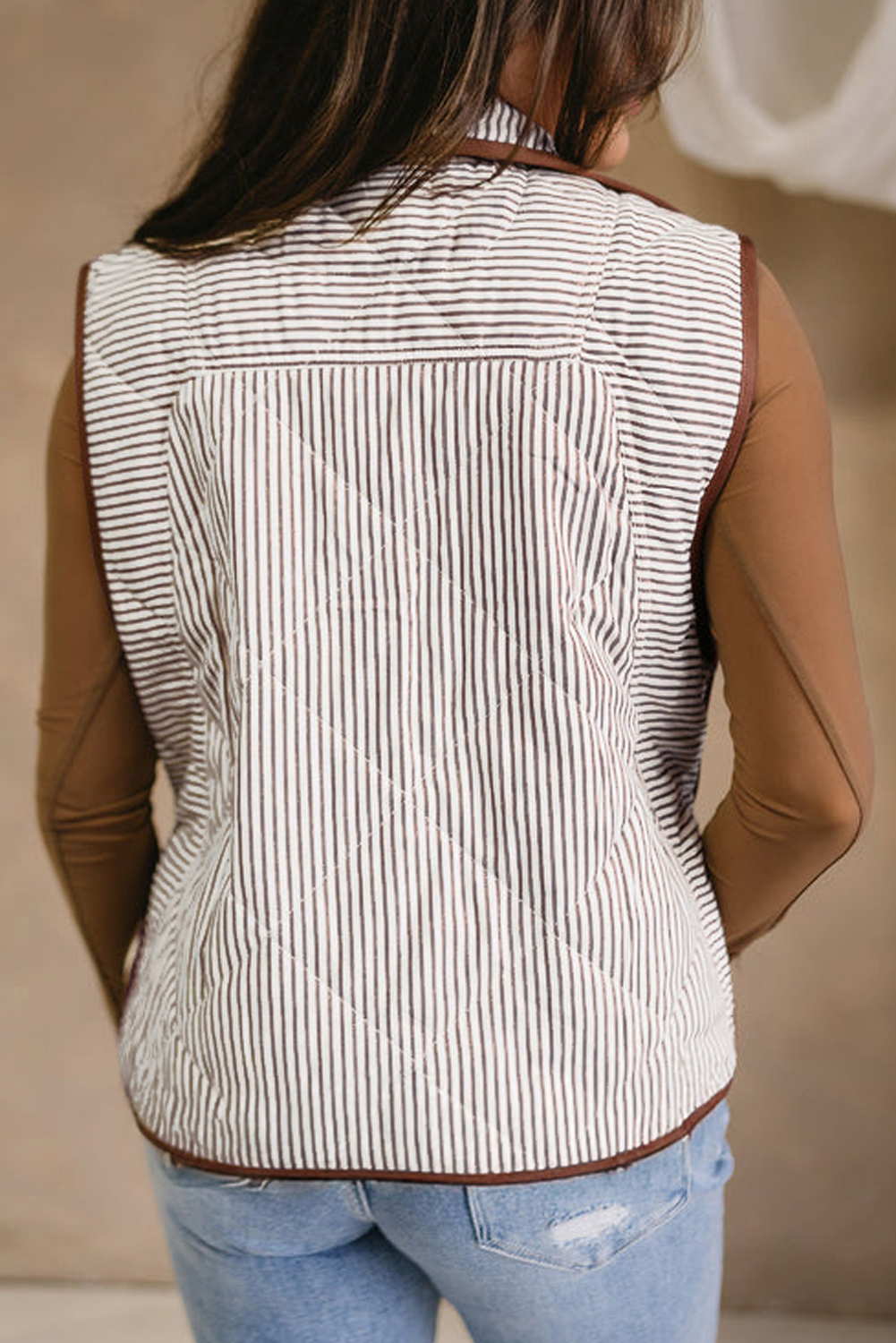 Brown Stripe Quilted Wavy Hem Snap Button Plus Size Vest - Image 2
