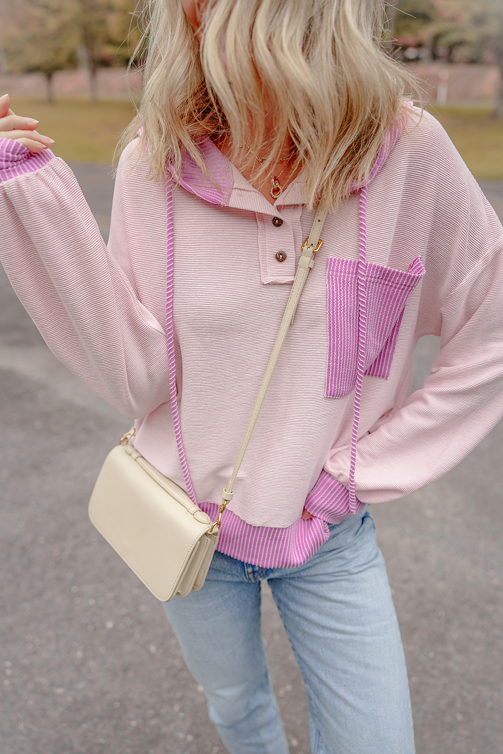 Light Pink Corded Colorblock Patch Pocket Drawstring Hooded Top - Image 7