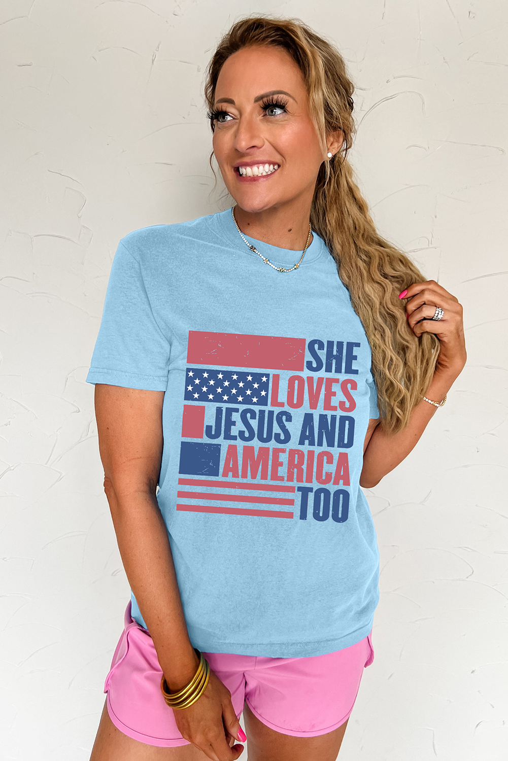 Light Blue SHE LOVES JESUS AND AMERICA TOO Flag Graphic T Shirt - Image 6