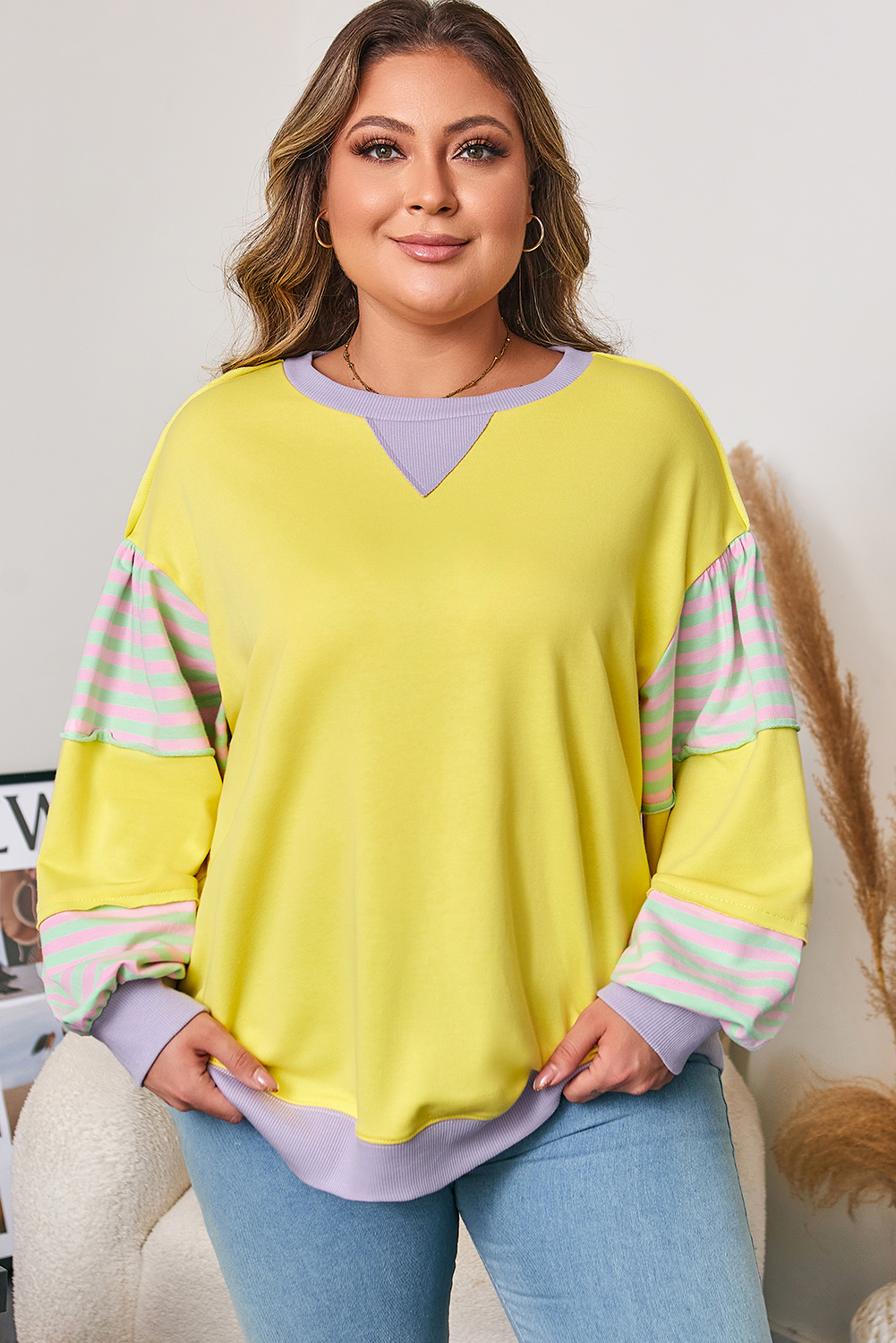 Yellow Striped Color Block Patchwork Crewneck Plus Size Pullover Sweatshirt - Image 6