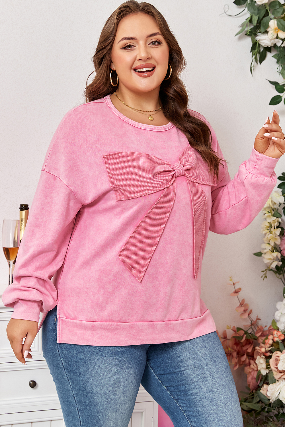 Bonbon Waffle Bowknot Patchwork Graphic Mineral Wash Plus Size Sweatshirt - Image 3