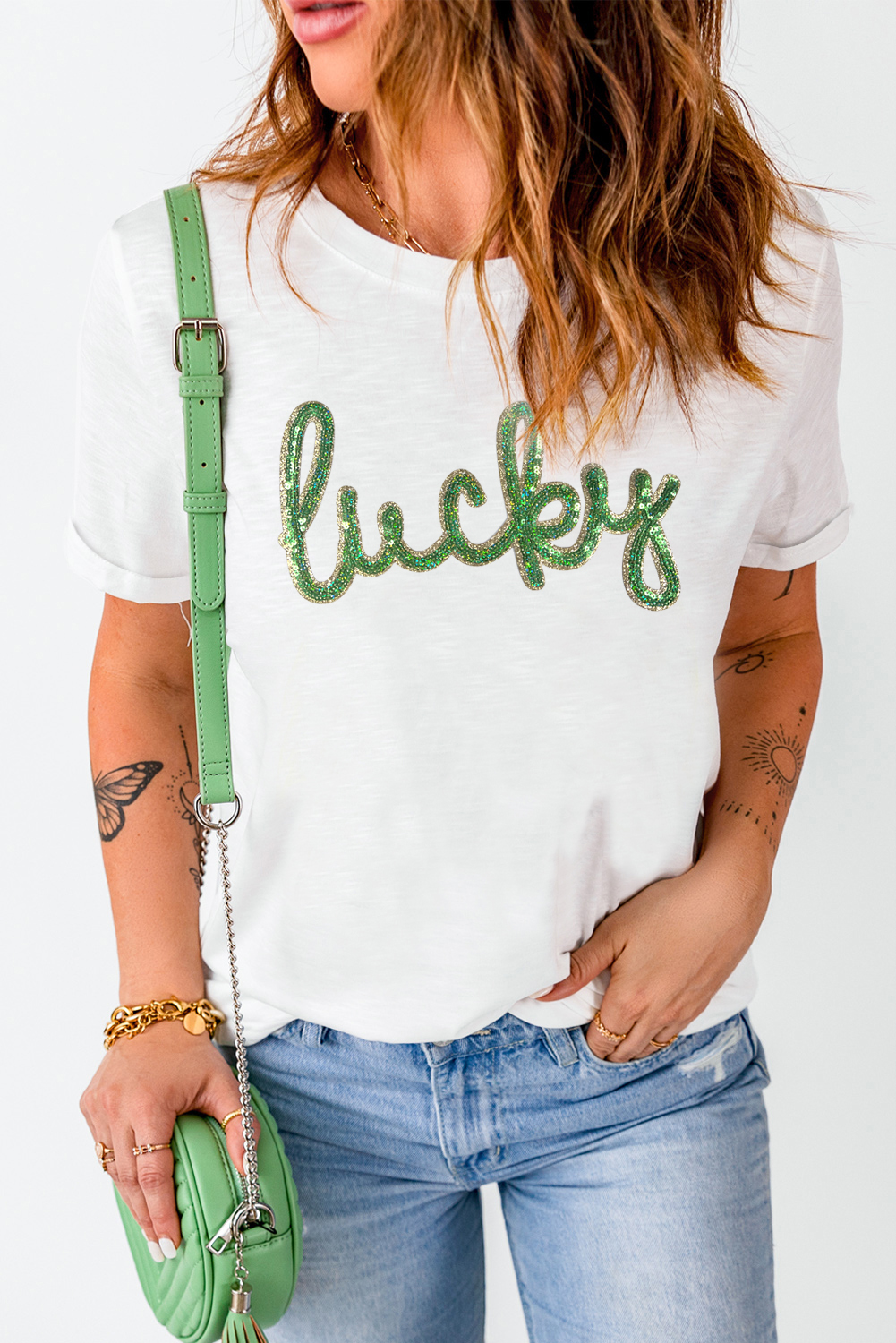 White Sequined Lucky St.Patricks Day Graphic Tee - Image 5