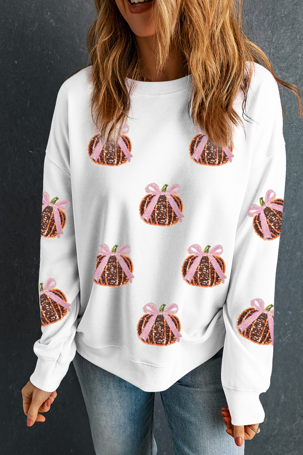 White Sequin Bow Pumpkin Patched Cotton Baggy Sweatshirt - Image 6