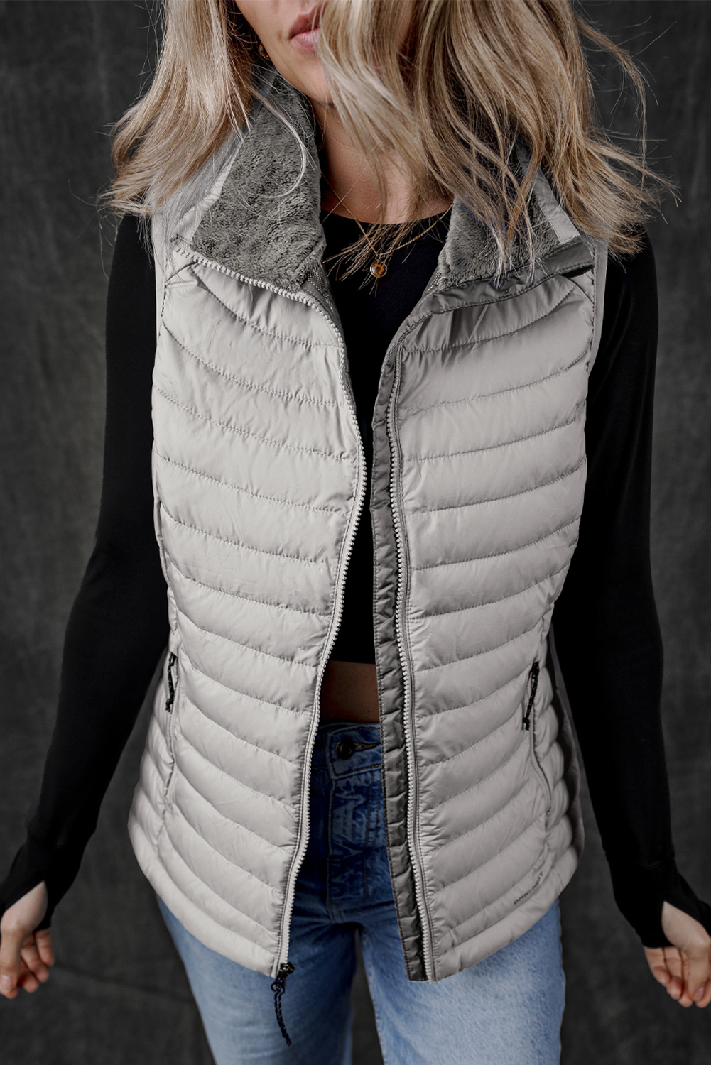 Silvery Plush Collared Quilted Zipped Puffer Vest - Image 5