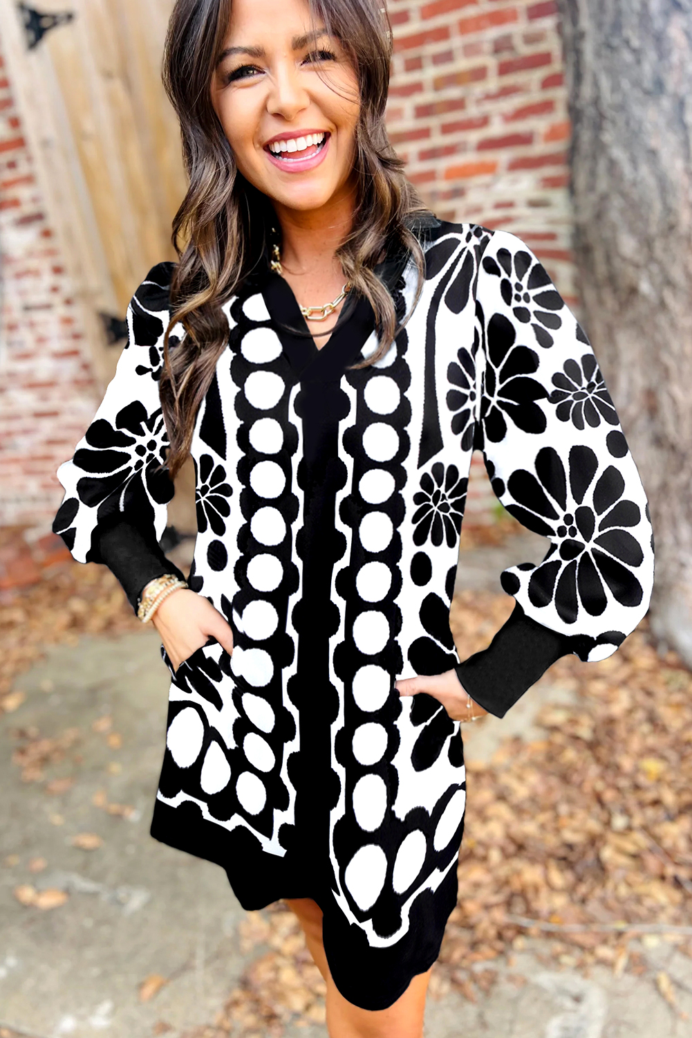Black Polka Dot Floral Printed V Neck Long Sleeve Shift Mini Dress - Image 3