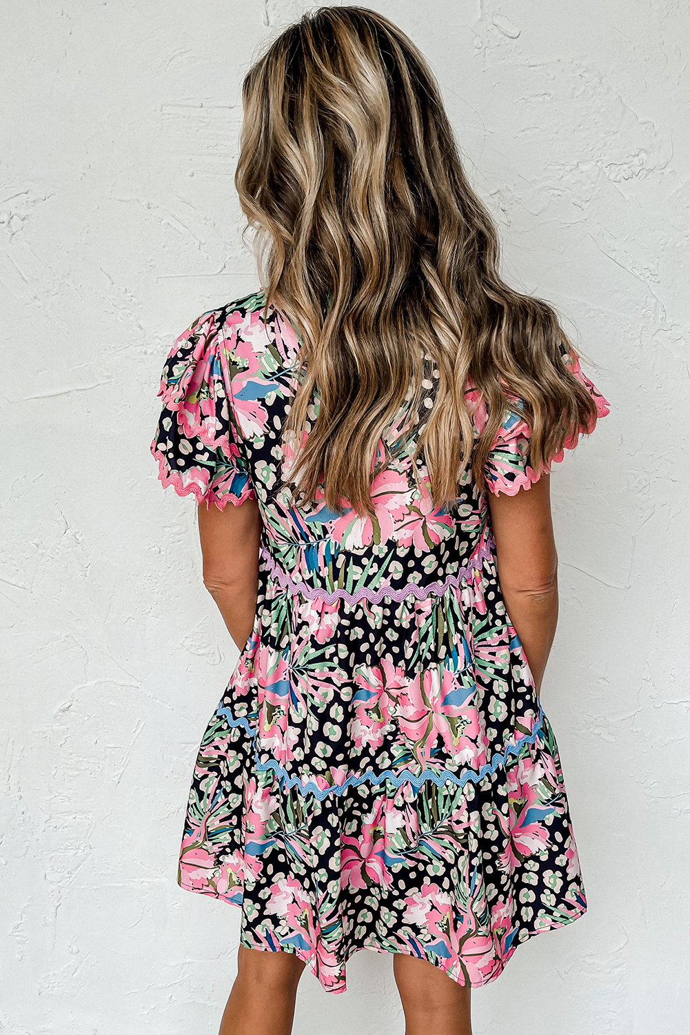 Pink Floral Ricrac Embellished Tiered Mini Dress - Image 2