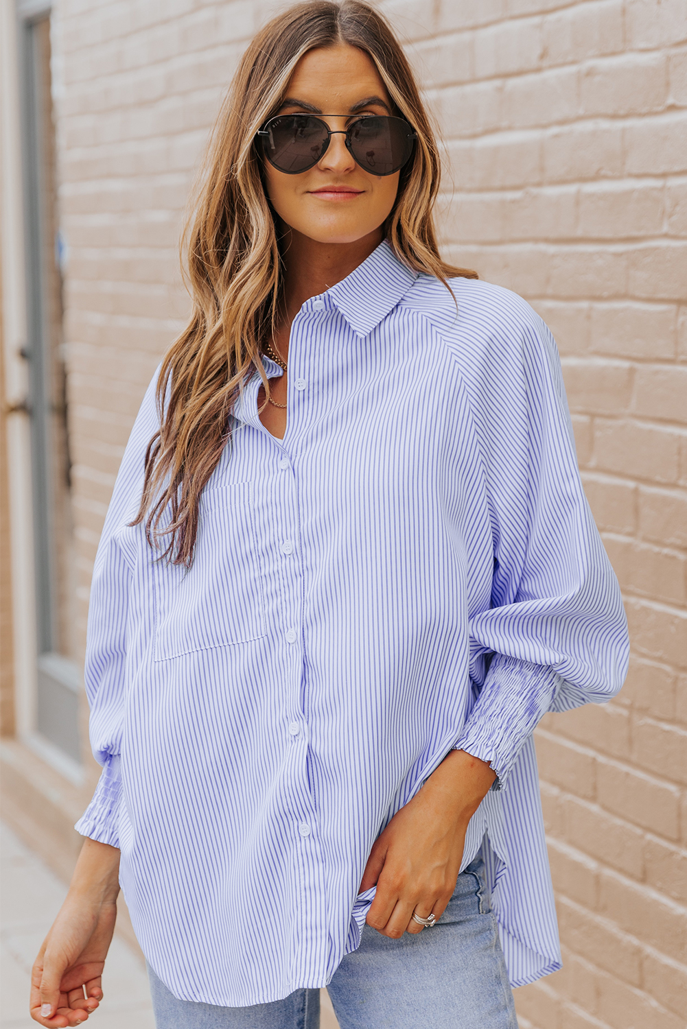 Sky Blue Smocked Cuffed Striped Boyfriend Shirt with Pocket - Image 5